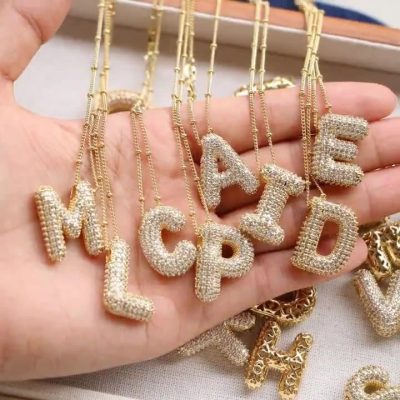 DORANA Bubble Letter Necklace Gold, A-Z Balloon Initial Necklaces Rhinestone Puff Letter Pendant Chunky Alphabet Necklace for Women