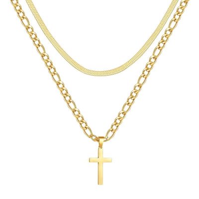 DORANA Layered Gold Cross Necklace for Men Boys, Stainless Steel Figaro Herringbone Layering Chain Cross Pendent Necklaces Set, Christian Religious Jewelry Gifts