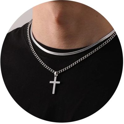 DORANA Cross Necklace for Men Boys Stainless Steel Layered Cuban Link Herringbone Chain Cross Pendant Religious Fashion Jewelry Gifts 16-24 Inches