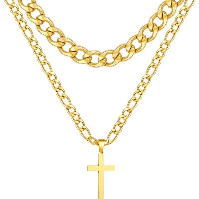 Layered Gold Cross Necklace For Men Boys Stainless Steel Cuban Figaro Layering Chains Cross Pendant Hip Pop Figaro Cuban Curb Link Chain Necklaces Set Religious Christian Jewelry Gifts(Gold)