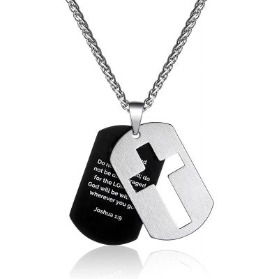 Dog Tag Cross Necklace for Men Boys Stainless Steel Dog Tag Pendant Chain Bible Verse Joshua 1:9 Military Army First Communion Confirmation Religious Christian Jewelry Gifts