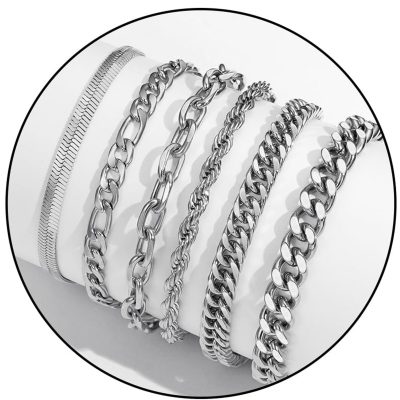 DORANA 6 Pcs Bracelets for Men Women Boys Kid, Silver Charm Bracelet Stainless Steel Cuban Link Curb Rope Paperclip Figaro Herringbone Chain Bracelets Set Jewelry Gifts 6.5/7/7.5/8.3/9 Inches Chain