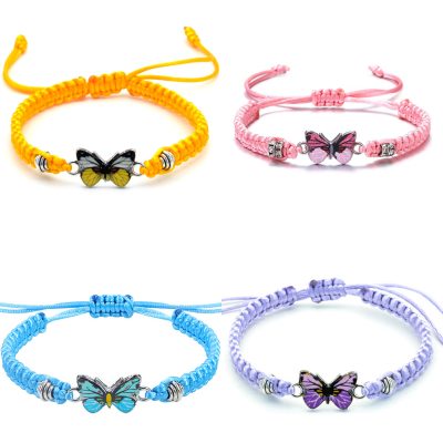 4pcs Adjustable String Butterfly Bracelets for Women Girls Colorful/Pink/White/Blue/Yellow/Purple/Orange/Green/Red/Gray Bracelets Mother Daughter Best Friend BFF Bracelet Sets Jewelry Birthday Gift