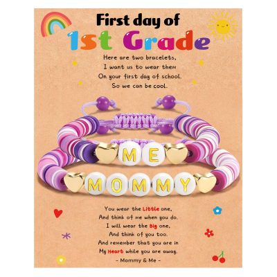 DORANA First Day of School Bracelet Mommy and Me Back to School Kindergarten Pre-K 1st Grade 2nd Grade Gifts Cross Purple Bracelet Set for Daughter Girls from Mom Mother Mama Matching Jewelry Gift