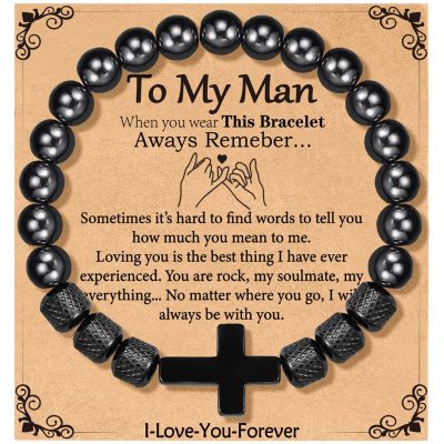 DORANA Black Cross Bracelets for Men Father Dad Grandpa Brother Obsidian Beads Bracelet Birthday Father's Day Anniversary Christmas Catholic Christian Religious Jewelry Gifts for Men Teen Boys