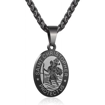 Saint St Christopher Medal Necklace Pendant for Men Boys Women Father Dad Kid Son Exorcism Protection Amulet 24 In Catholic Religious Christian Gift Jewelry Stainless Steel Black Men Necklace Jewelry