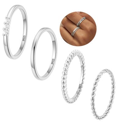 DORANA 4PCS 925 Sterling Silver Rings for Women Girls,Non Tarnish Knuckle Dainty Fashion CZ Ring Pinky Thin Thumb Stackable Ring Set Anniversary Valentine's Day Christmas Jewelry Gift Size 6/7/8/9/10