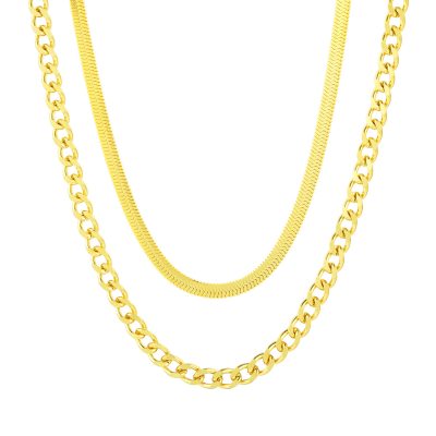 Layered Gold Chain Necklaces for Men Women Boys,Stainless Steel 5mm Cuban Curb Link Chain and 5mm Herringbone Chains Set,16/18/20/22/24/26 Inch Chain Boyfriend Birthday Christmas Jewelry Gift