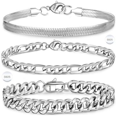 DORANA 3 Pcs Sterling Silver Bracelets for Men Women Boys Kid,Silver Charm Bracelet Cuban Link Curb Figaro Herringbone Chain Bracelets Set Jewelry Men Boyfirend Gift 6.5/7/7.5/8.3/9 Inches Chain