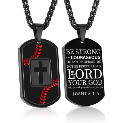 DORANA Baseball Black Dog Tag Cross Necklaces for Men Teen Boys Son Boyfriend Bible Pendant Cross Stainless Steel Men Necklace 1st Communion Confirmation Religious Christian Jewelry Gift 24 In Chain