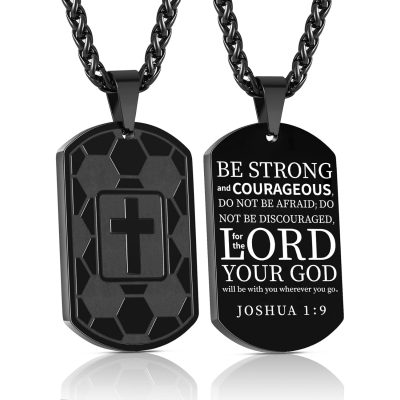 DORANA Soccer Black Dog Tag Cross Necklaces for Men Teen Boys Son Boyfriend Bible Pendant Cross Stainless Steel Men Necklace 1st Communion Confirmation Religious Christian Jewelry Gift 24 In Chain