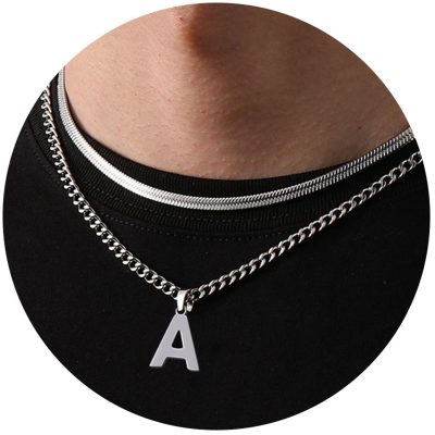 DORANA 2pcs Boys Men Chain Necklaces,18 Inch Herringbone Link Chain and 20 Inch Cuba Link Chain,Silver A-Z Initial Necklace,Layered Stainless Steel Letter Pendant Necklace Jewelry Gift for Men Boys