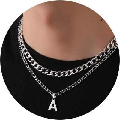 DORANA Silver Initial Letter A-Z Pendant Necklace for Men Boys Layered Figaro Twist Rope Stainless Steel Personalized Chain Necklace Jewelry Christmas Valentine's Day Birthday Gift for Men Boys