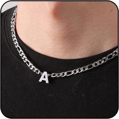 DORANA Initial A-Z Silver Figaro Link Chain Necklace for Boys Men Women Letter Pendant Stainless Steel 6.5mm 18+2 Inches Jewelry Gift