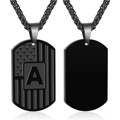 DORANA Black Initial A-Z Letter Necklace Pendant for Men Boy, Stainless Steel Name Statement Capital Alphabet American Flag Dog Tag Pendent Jewelry 24In Chain Valentine's Day Birthday Christmas Gift