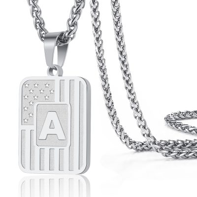 DORANA Silver Initial Necklaces for Men Boys Women Kid Son Boyfriend Stainless Steel USA American Flag Dog Tag Alphabet Letter Pendant Necklace Birthday Christmas Gift Jewelry 20+2 In Chain
