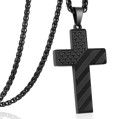 Cross Necklaces for Men Boys Stainless Steel Cross Pendant Chain American Flag Necklaces Religious Christian Jewelry Gifts