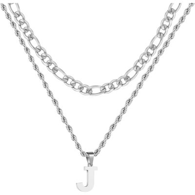 DORANA 2pcs Boys Men Chain Necklaces,18 Inch Herringbone Link Chain and 20 Inch Cuba Link Chain,Silver A-Z Initial Necklace,Layered Stainless Steel Letter Pendant Necklace Jewelry Gift for Men Boys