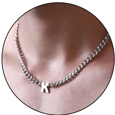DORANA Stainless Steel 6.5mm Cuban Curb Link Chain Necklace for Men Boys 18+2 Inches Silver A-Z Initial Necklaces for Men Letter Pendant Chain Husband Son Men Teen Boy Boyfriend Gift Jewelry