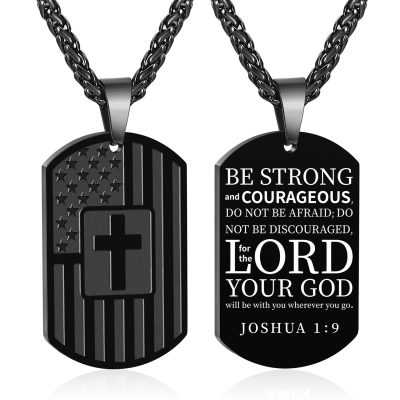 Dog Tag Cross Necklaces for Men Boys American Flag USA Bible Verse Pendant Cross Stainless Steel Men Necklaces 24 Inch Chain Confirmation Religious Christian Christmas Jewelry Gift for Men