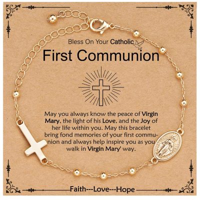 DORANA Catholic First Communion Confirmation Gifts for Teen Girls,Rosary Beads Virgin Mary Cross Charm Link Adjustable 6-8 Inch Chain Gold Bracelet Religious Baptism Jewelry Gifts for Teenage Girls